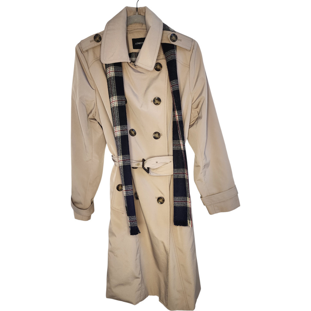 London Fog Trench Coat Womens XL Beige Belted Double Breasted Plaid Lined XL Wmn - Picture 5 of 14